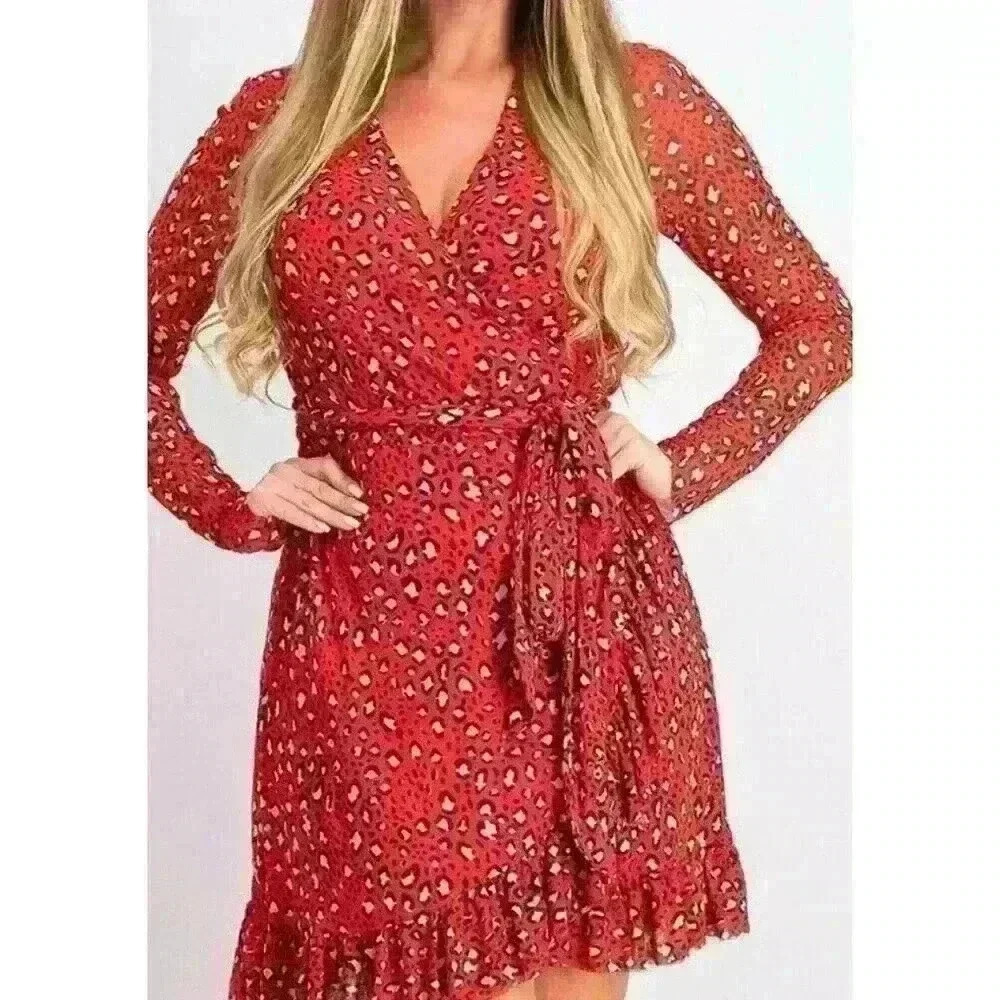 Sanctuary NWT Wrap Dress Size Large Red Animal Print Ruffle Long Sleeve